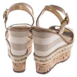 Prada Beige Patent Leather Stripe Cork Platform Wedge Sandals Size 37