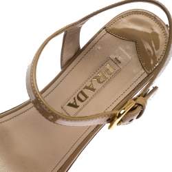 Prada Beige Patent Leather Stripe Cork Platform Wedge Sandals Size 37