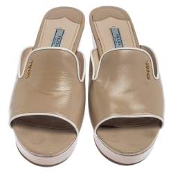 Prada Beige Patent Leather Wedge Slide Sandals Size 39.5