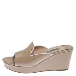 Prada Beige Patent Leather Wedge Slide Sandals Size 39.5
