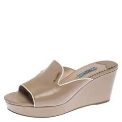 Prada Beige Patent Leather Wedge Slide Sandals Size 39.5