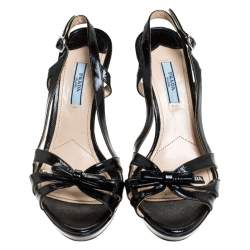 Prada Black Strappy Patent Leather Bow Open Toe Slingback Sandals Size 38