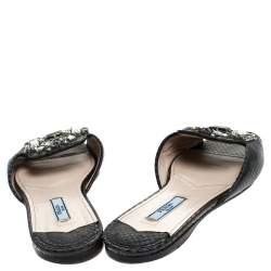 Pre Owned Prada Black Python Vernice Emebllished Flat Slides Size 37