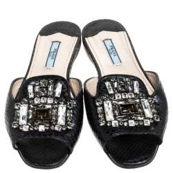 Pre Owned Prada Black Python Vernice Emebllished Flat Slides Size 37