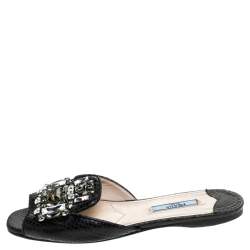 Pre Owned Prada Black Python Vernice Emebllished Flat Slides Size 37