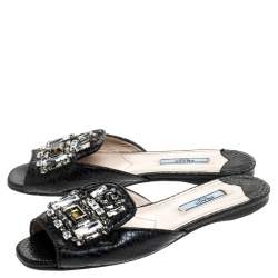Pre Owned Prada Black Python Vernice Emebllished Flat Slides Size 37
