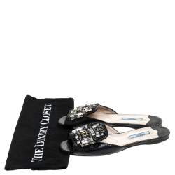 Pre Owned Prada Black Python Vernice Emebllished Flat Slides Size 37