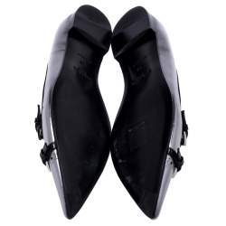 Pre Owned Prada Gunmetal/Black Patent Leather Buckle Detail Pointed Toe Flats Size 39