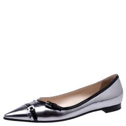 Pre Owned Prada Gunmetal/Black Patent Leather Buckle Detail Pointed Toe Flats Size 39