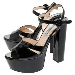 Prada Black Patent Leather Ankle Strap Block Heel Platform Sandals Size 38