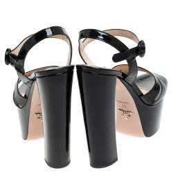 Prada Black Patent Leather Ankle Strap Block Heel Platform Sandals Size 38