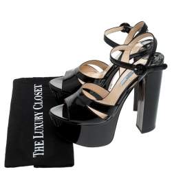 Prada Black Patent Leather Ankle Strap Block Heel Platform Sandals Size 38