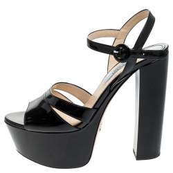 Prada Black Patent Leather Ankle Strap Block Heel Platform Sandals Size 38
