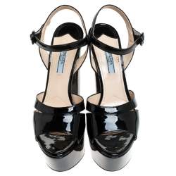 Prada Black Patent Leather Ankle Strap Block Heel Platform Sandals Size 38