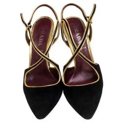 Pre Owned Prada Black Suede And Gold Leather Trim Ankle Strap Sandals Size 36