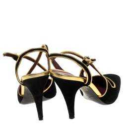 Pre Owned Prada Black Suede And Gold Leather Trim Ankle Strap Sandals Size 36