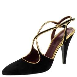 Pre Owned Prada Black Suede And Gold Leather Trim Ankle Strap Sandals Size 36