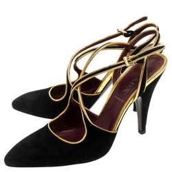 Pre Owned Prada Black Suede And Gold Leather Trim Ankle Strap Sandals Size 36