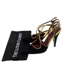 Pre Owned Prada Black Suede And Gold Leather Trim Ankle Strap Sandals Size 36