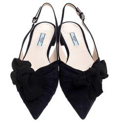 Pre Owned Prada Navy Blue Suede Bow Detail Slingback Flats Size 41
