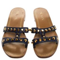 Pre Owned Prada Blue Leather Studded Flat Slides Size 38