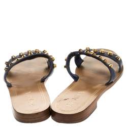 Pre Owned Prada Blue Leather Studded Flat Slides Size 38