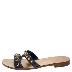 Pre Owned Prada Blue Leather Studded Flat Slides Size 38