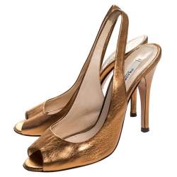 Pre Owned Prada Metallic Bronze Leather Peep Toe Slingback Sandals Size 37