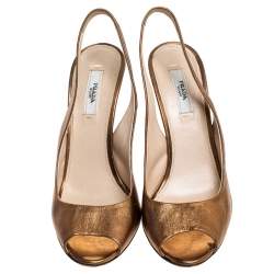 Pre Owned Prada Metallic Bronze Leather Peep Toe Slingback Sandals Size 37