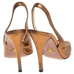Pre Owned Prada Metallic Bronze Leather Peep Toe Slingback Sandals Size 37