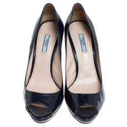 Pre Owned Prada Blue Patent Peep Toe Platform Pumps Size 40