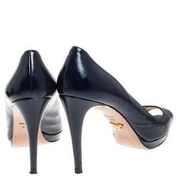 Pre Owned Prada Blue Patent Peep Toe Platform Pumps Size 40
