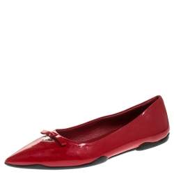 Pre Owned Prada Red Patent Leather Bow Pointed Toe Ballet Flats Size 37.5