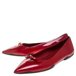 Pre Owned Prada Red Patent Leather Bow Pointed Toe Ballet Flats Size 37.5