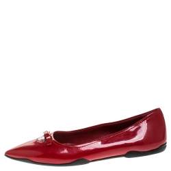 Pre Owned Prada Red Patent Leather Bow Pointed Toe Ballet Flats Size 37.5