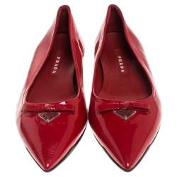 Pre Owned Prada Red Patent Leather Bow Pointed Toe Ballet Flats Size 37.5