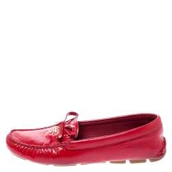 Pre Owned Prada Red Saffiano Patent Leather Bow Loafers Size 36.5
