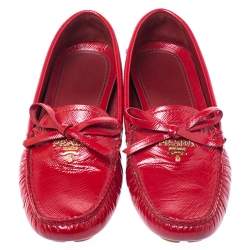 Pre Owned Prada Red Saffiano Patent Leather Bow Loafers Size 36.5