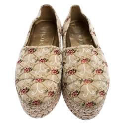 Pre Owned Prada Beige Floral Embroidered Canvas Platform Espadrille Flats Size 39