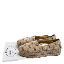 Pre Owned Prada Beige Floral Embroidered Canvas Platform Espadrille Flats Size 39
