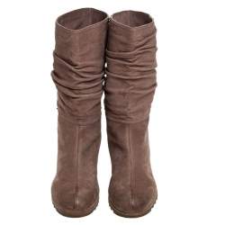 Pre Owned Prada Sport Beige Textured Nubuck Slouch Mid Calf Flat Boots Size 38