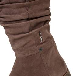 Pre Owned Prada Sport Beige Textured Nubuck Slouch Mid Calf Flat Boots Size 38