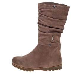 Pre Owned Prada Sport Beige Textured Nubuck Slouch Mid Calf Flat Boots Size 38