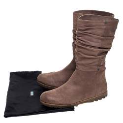 Pre Owned Prada Sport Beige Textured Nubuck Slouch Mid Calf Flat Boots Size 38