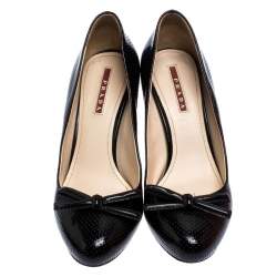 Prada Sport Black Perforated Leather Bow Wooden Heel Pumps Size 38