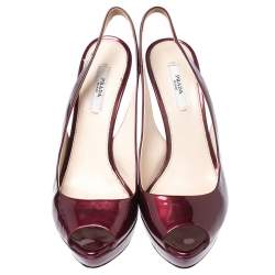 Prada Burgundy Patent Leather Platform Slingback Sandals Size 37.5