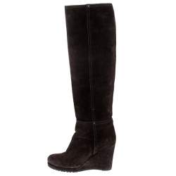 Prada Brown Suede Knee Length Wedge Boots Size 37.5