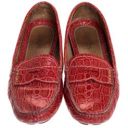 Pre Owned Prada Red Croc Embossed Leather Penny Loafers Size 38