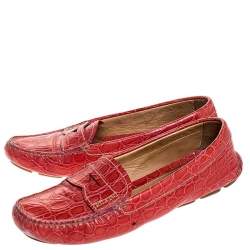 Pre Owned Prada Red Croc Embossed Leather Penny Loafers Size 38