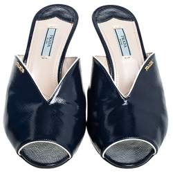 Prada Blue Saffiano Leather Peep Toe Mules Size 41